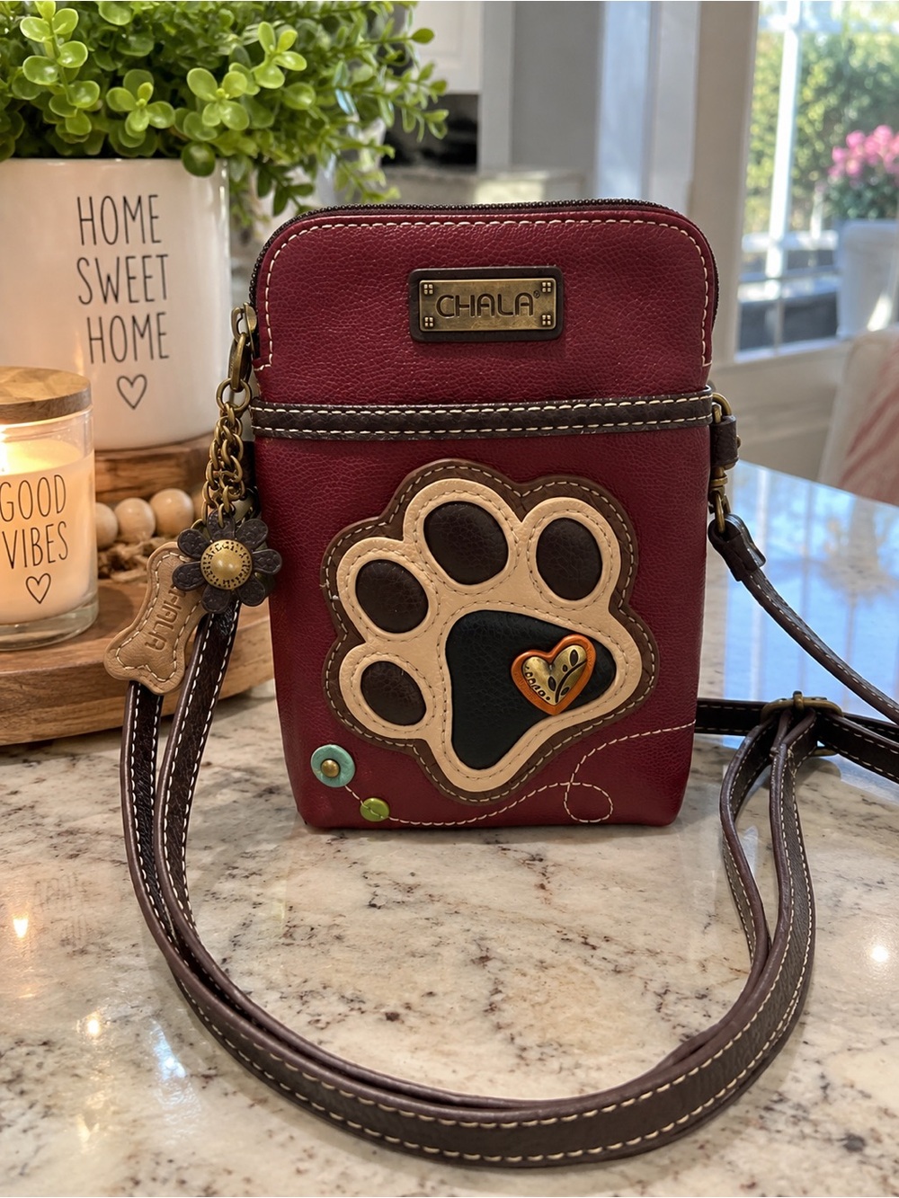 Chala Burgundy Paw Crossbody Phone Bag with Beige & Black Appliqué NWOT